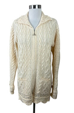 Inis Crafts Ireland 100% Merino Wool Zip Cardigan Sweater Ivory Fisherman Large